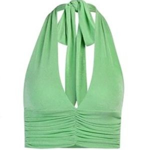 Macheda Open-Back Halter Top – V-Neck – Green – Size S